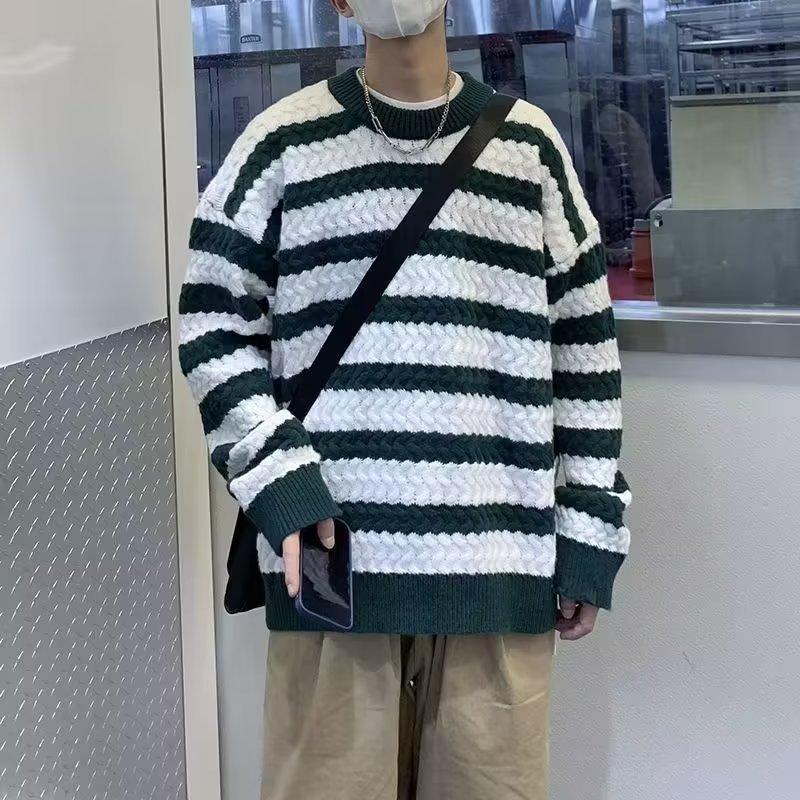Striped Sweater Men's Autumn and Winter Lazy Japanese Loose Coat Retro Trendy Brand Winter Thickened Long-sleeved Knitted Sweater