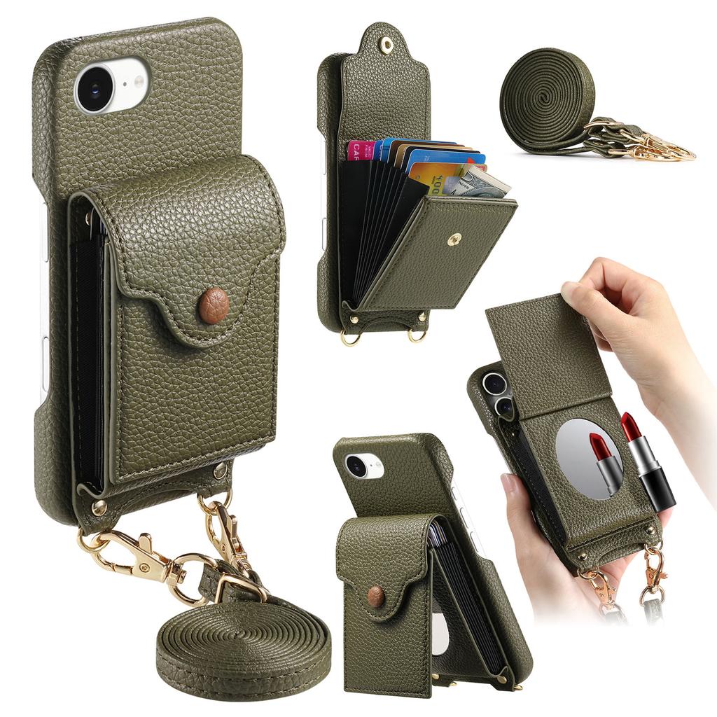 For iPhone 16e Case Mirror Card Holder Litchi Texture Leather Phone Back Cover with Long Strap