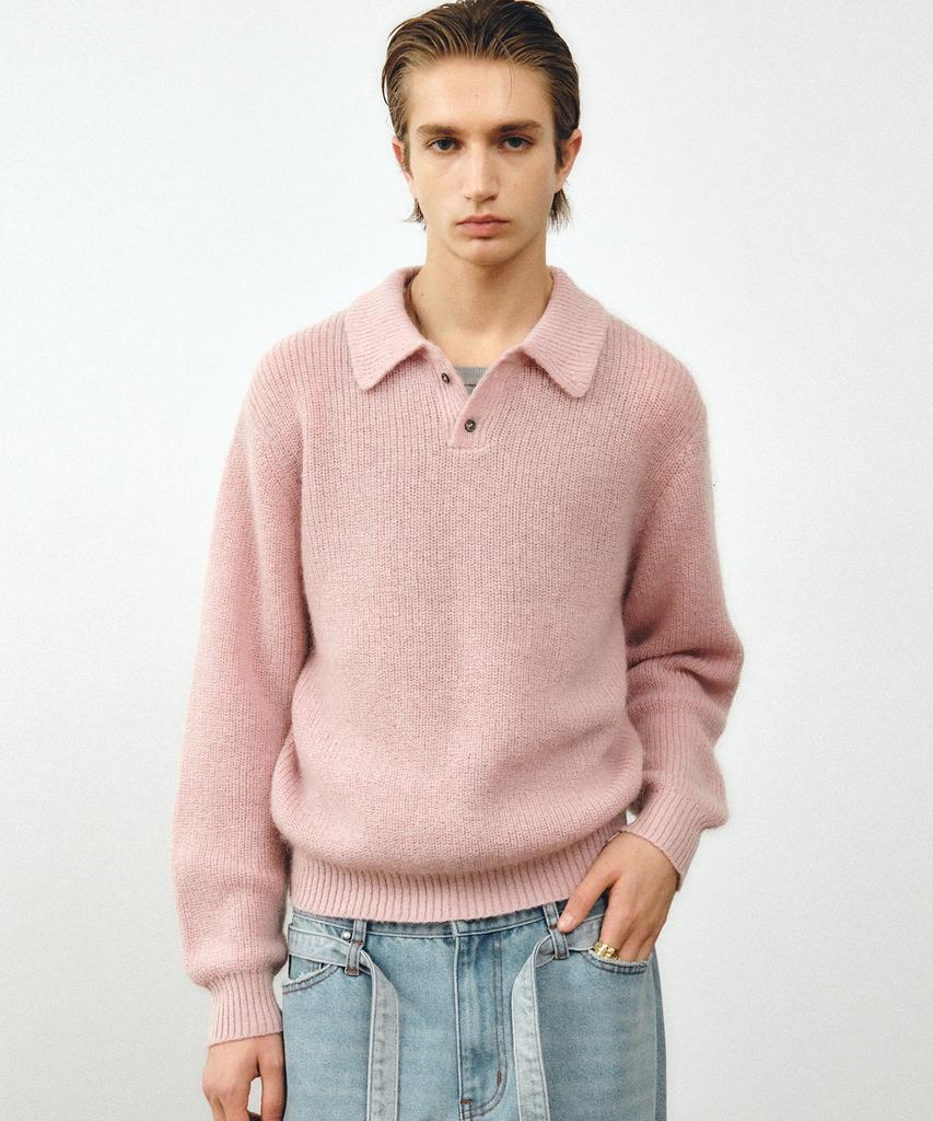 NOIRER Kid Mohair Crop Polo Knit (Dusty Pink)