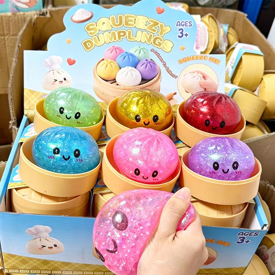 Colorful 6 Styles Glitter Dumpling Squishy Toy With Box Dumpling Sensory Squeeze Toy For Stress Relief