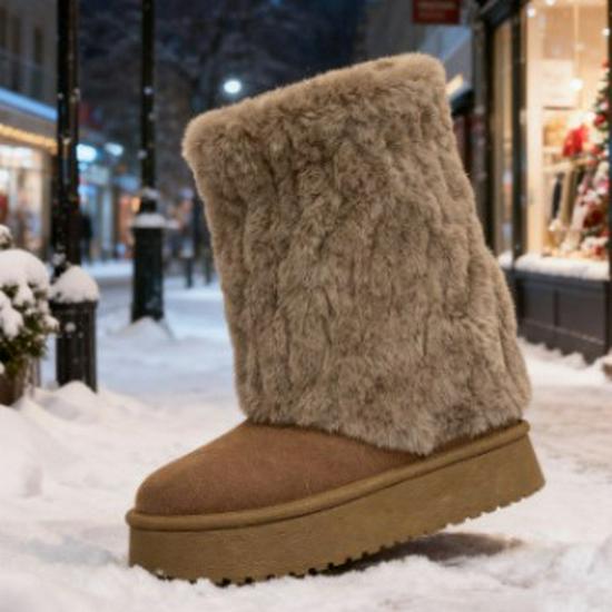 Women's 2025 Fluffy Fur Mid-Calf Snow Boots - Thick-Soled, Plush Velvet Lined, Winter Fashion.