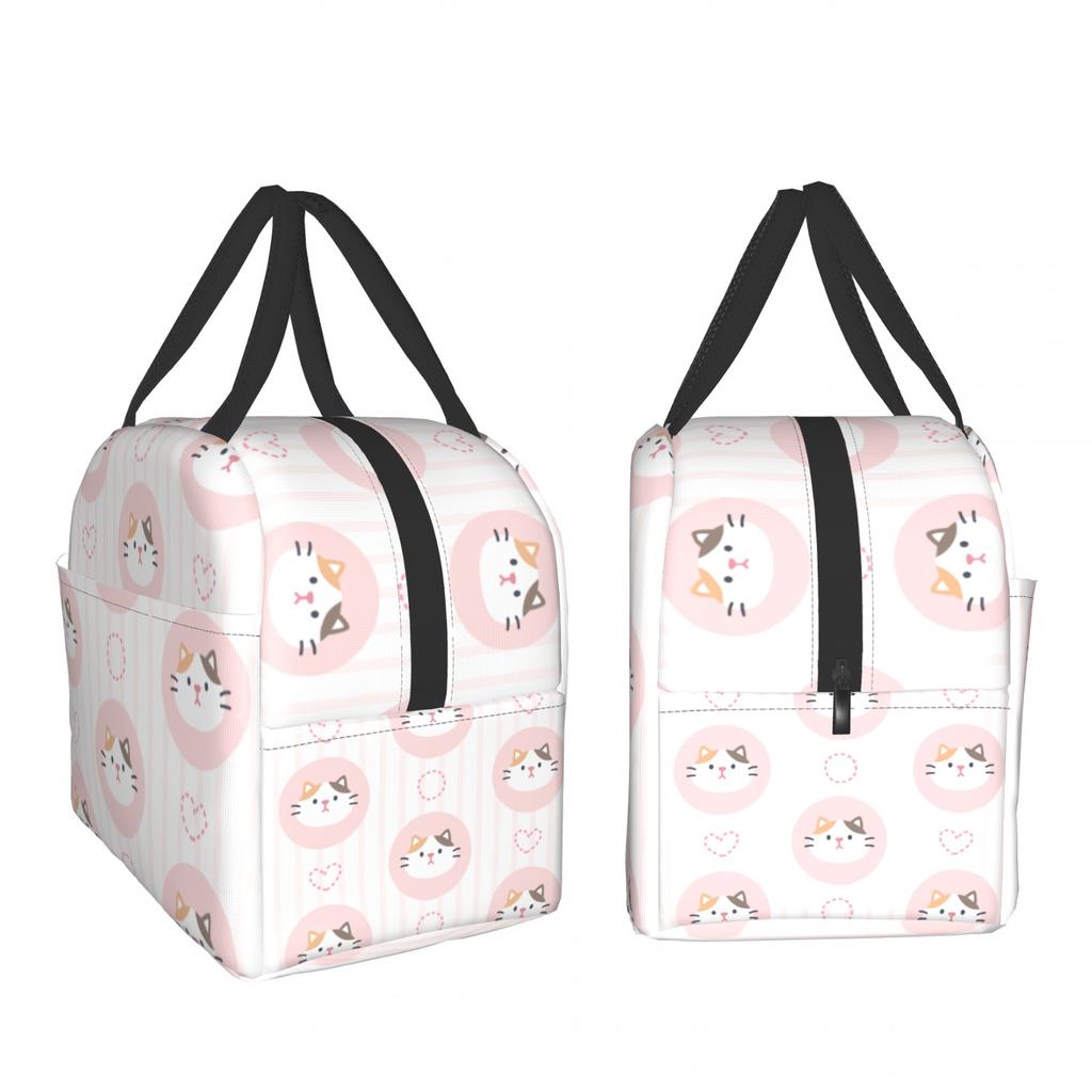 Cartoon cat Lunch Bag Waterproof Insulated Canvas Cooler Bag Thermal Cold Food Picnic Travel Tote for Women Children