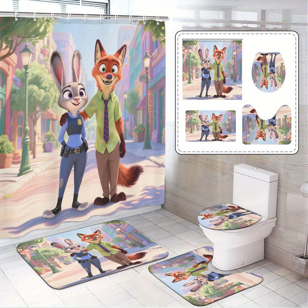 Disney Zootopia Movie Bathroom Accessories Set, 4 Pieces Waterproof Polyester Shower Curtain with Rings, Trendy Decor