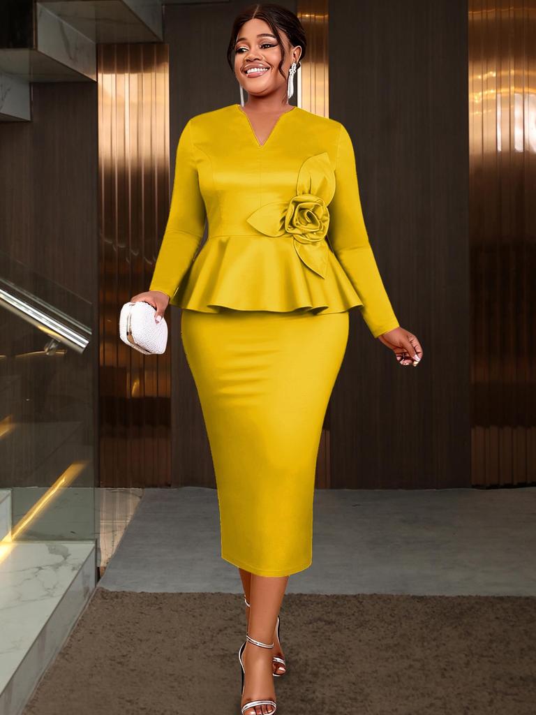 Plus Size 3D Floral Ruffle Sleeve Slimming Dress