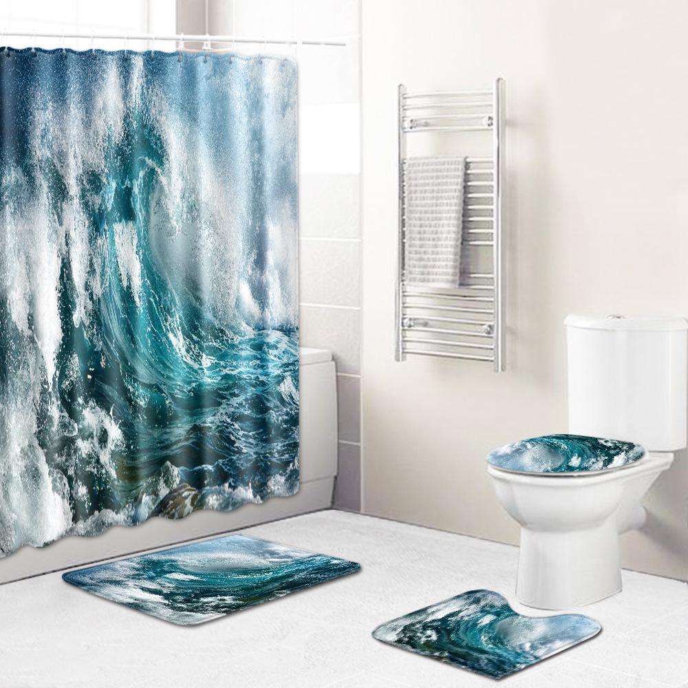 Shower Curtain Floor Mat Toilet Cover Foot Mat Door Mat Carpet Four-Piece Pattern