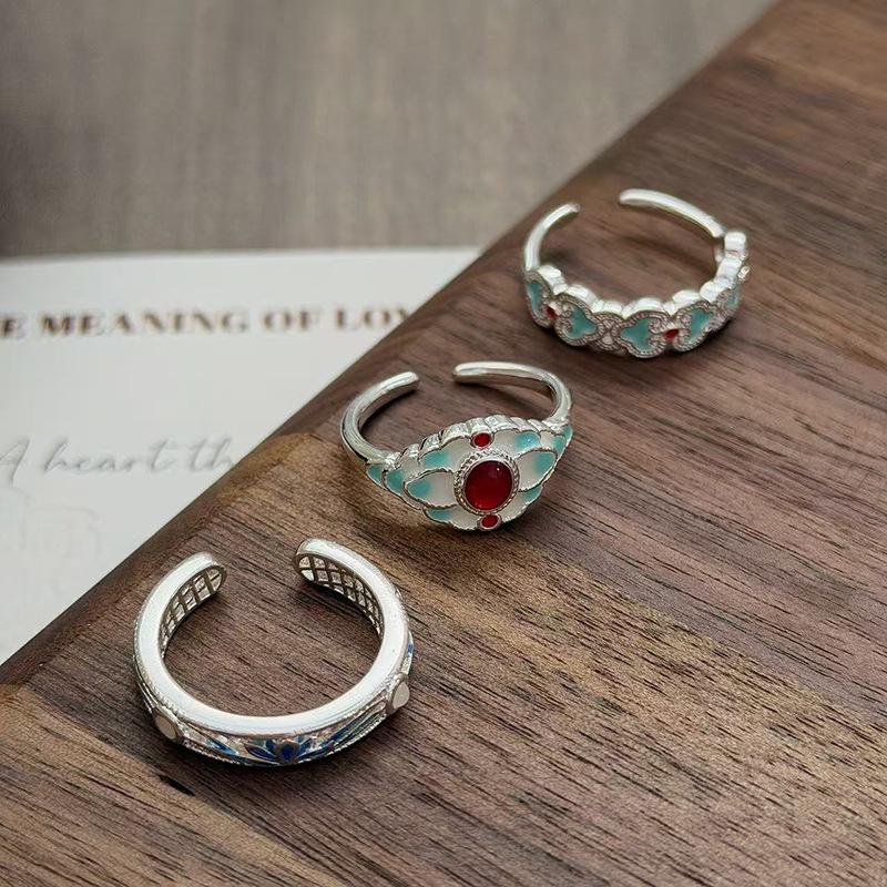 Ethnisch Stil Emaille Meeresblau Tropföl Blume Öffnungsring Damen Nische Leichter Luxus Exquisit Stapelring