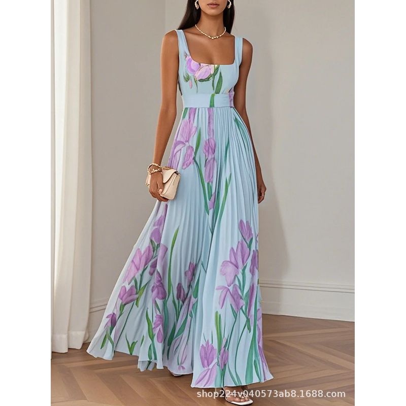 

Floral Long Skirt Dress2025 European and American Women s Sling Digital Print Pleat Long dress Dress Blue Purple S