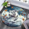 White Tiger with Falling Leaves Round Area Rug,Carpet Rug for Living Room Bedroom Sofa Playroom Decor,Non-slip Floor Mat