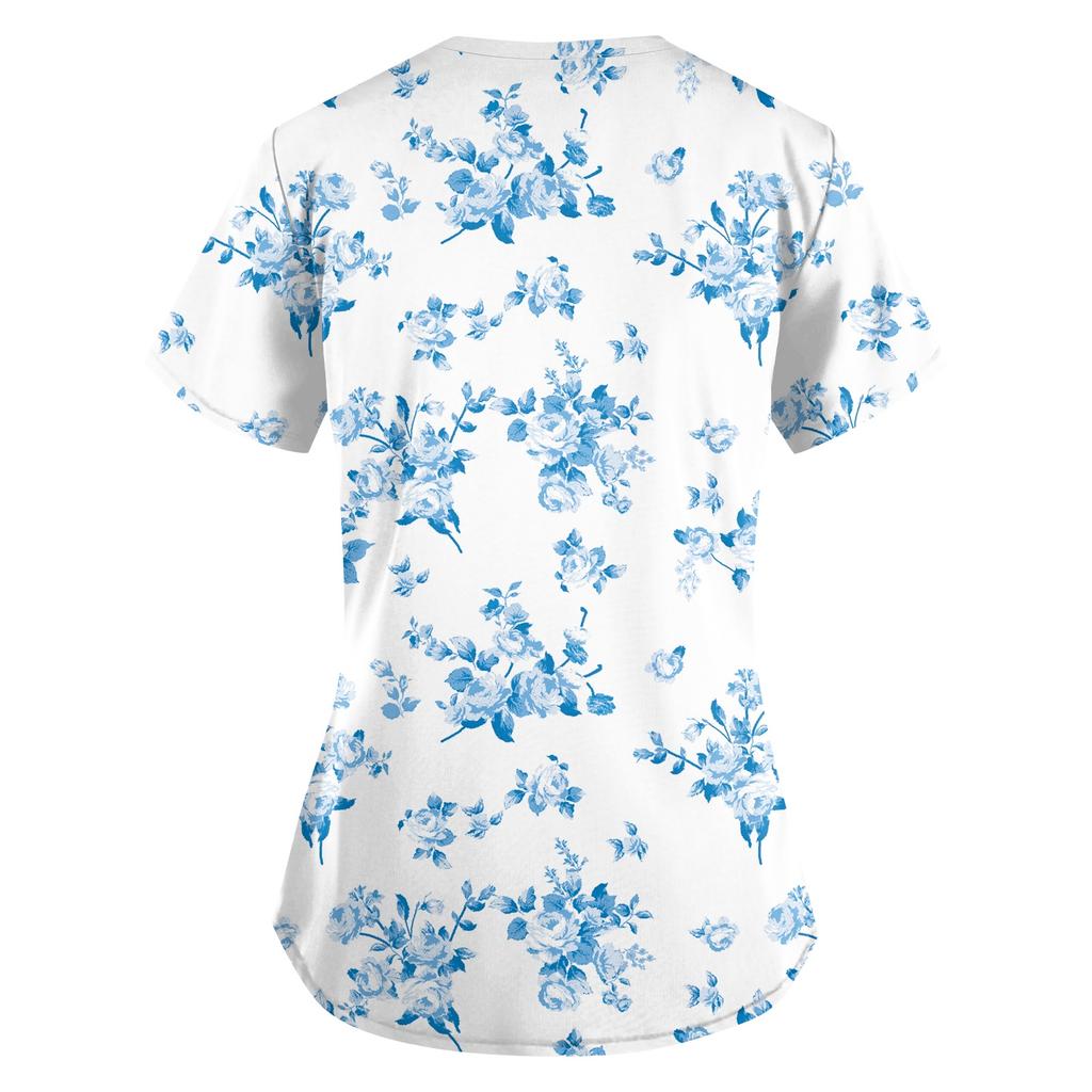 Tops Uniforme da Lavoro Stampati Taglie Forti per Donna Scollo a V Incrociato Manica Corta T-shirt Divertenti Camicia da Lavoro con Tasche