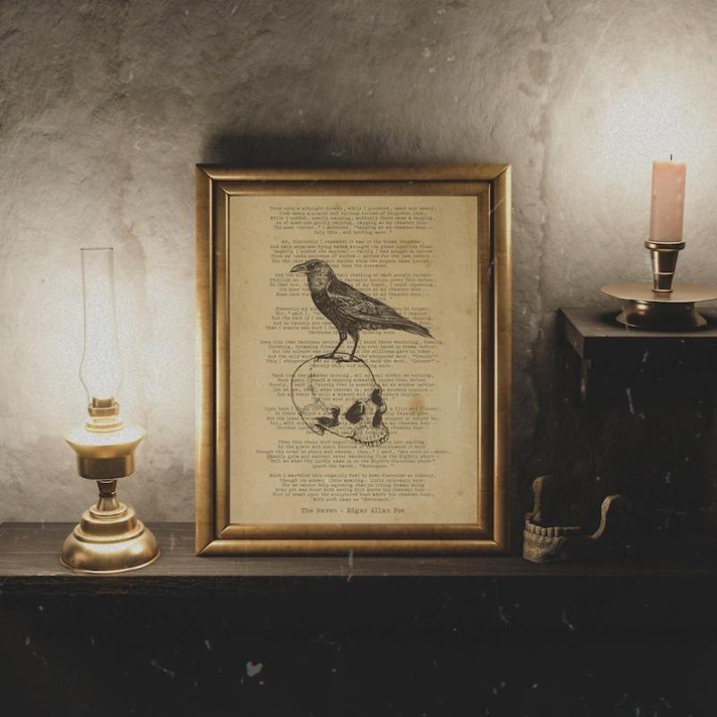 Vintage Dark Gothic Edgar Allan Poe The Raven Artwork On Antique Dictionary Poster Canvas Painting Wall Pictures Home Decor