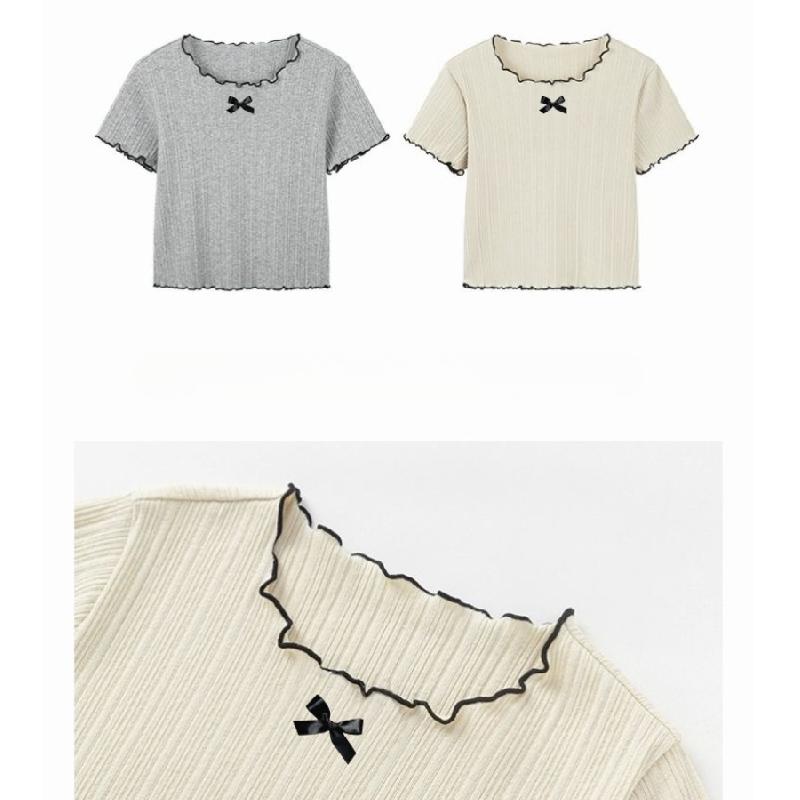 1-12Y Girl's Shirts Korean-style Knitted Lace-Trimmed Short-Sleeve Summer Ruched Tops Trendy Breathable Bow Tie Versatile Tee