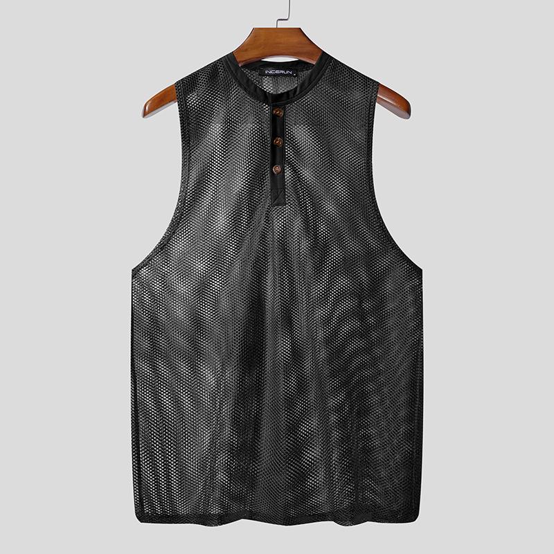 

INCERUN Men Sleeveless See Through Hollow Out Loose Tank Tops 4XL чёрный