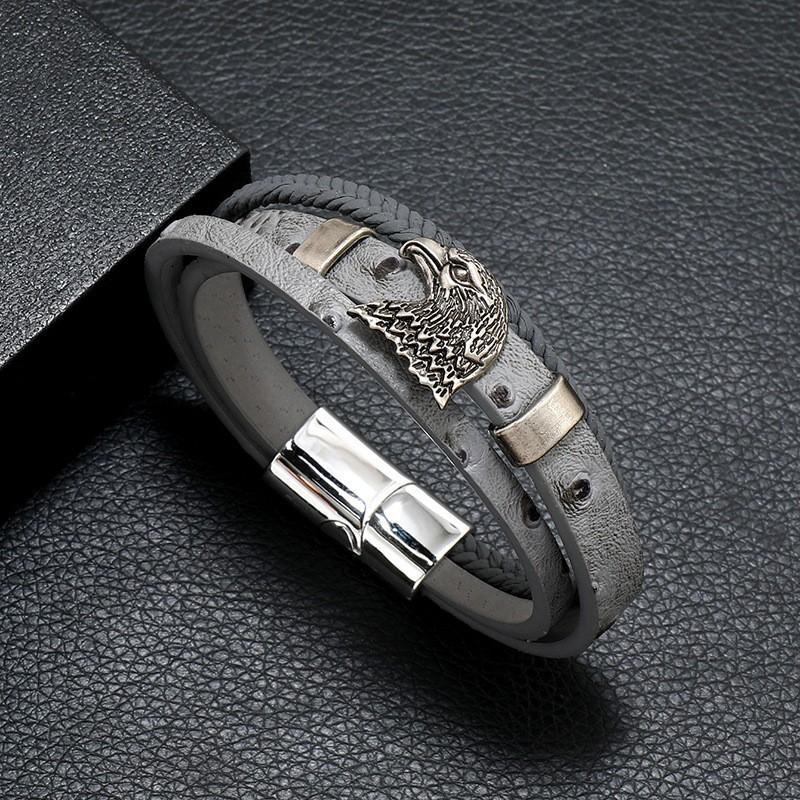 European and American Retro Style Eagle Alloy Magnetic Buckle Multi-layer Hand-woven Men's Leather Bracelet