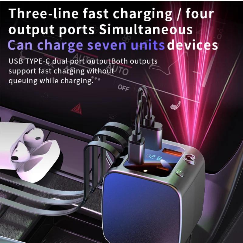 120W 7-in-1 Car Charger Super Fast Charging with Retractable Cable and Ambiance Light Voltage Display for iPhone Huawei Samsung