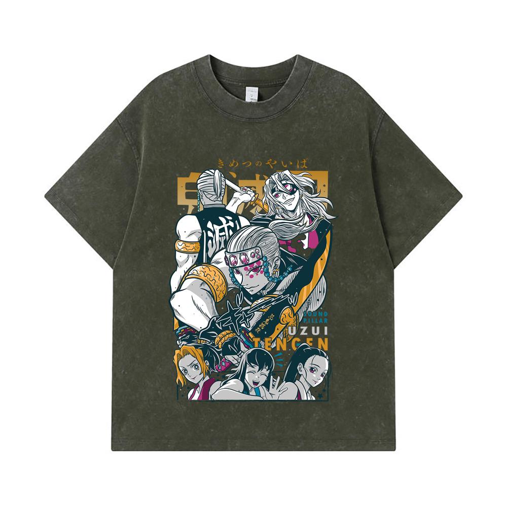 

275 GSM Washed T-shirts 100% Cotton Demon Slayer V65 Uzui Print Unisex Heavy Cotton T Shirt S армия зеленый