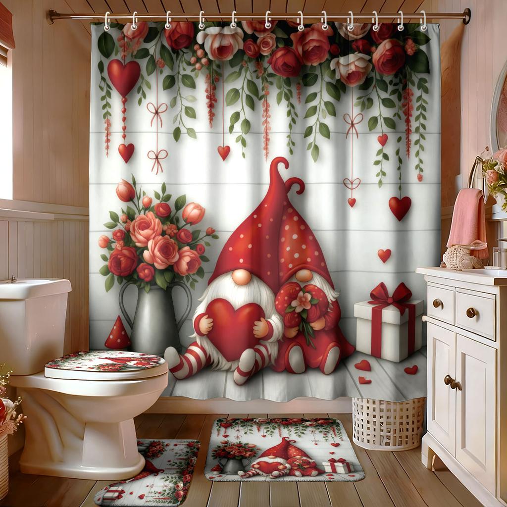 4pcs Valentine's Day Pink Romantic Love Gnome Print Bathroom Set 180x180 Waterproof Shower Curtain Floor Mat U-shaped Toilet Mat