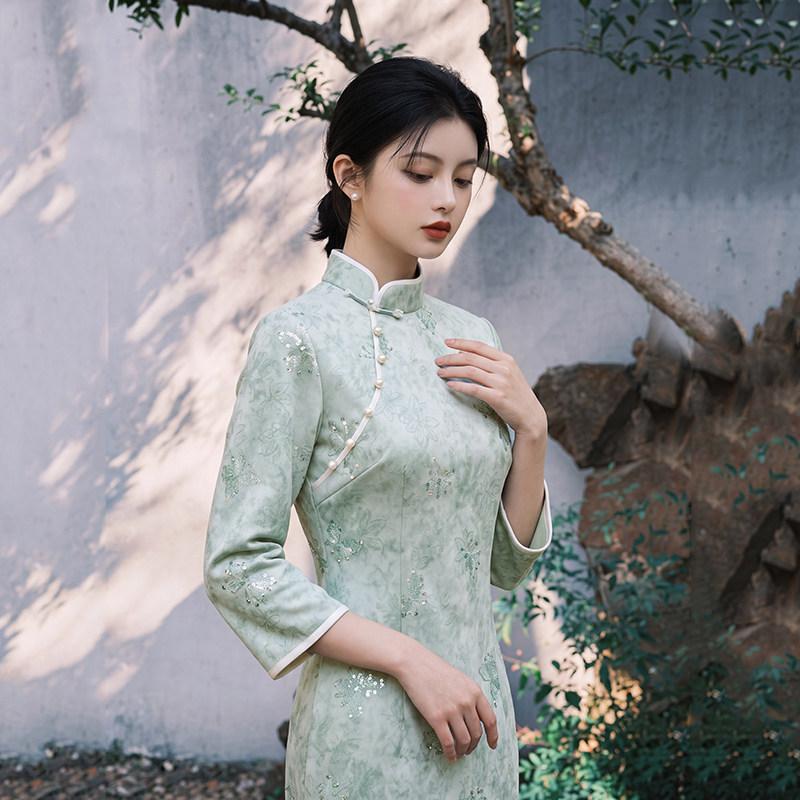 Green New Chinese Suzhou Long Sleeve Cheongsam Mid Sleeve Improved Young 1011 New Women's Premium Spring and Autumn