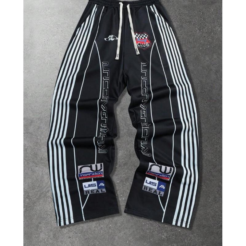 Pantalon de survêtement à rayures rétro avec badge imprimé lettre pour homme - Coupe ample droite - Streetwear - Pantalon décontracté