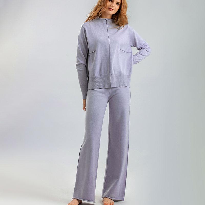Autumn Winter Women's Knitted Pants Suits Round Neck Slit Sweater Loose Casual Knitted Wide-leg Pants Two-piece Knitted Suit Outfits