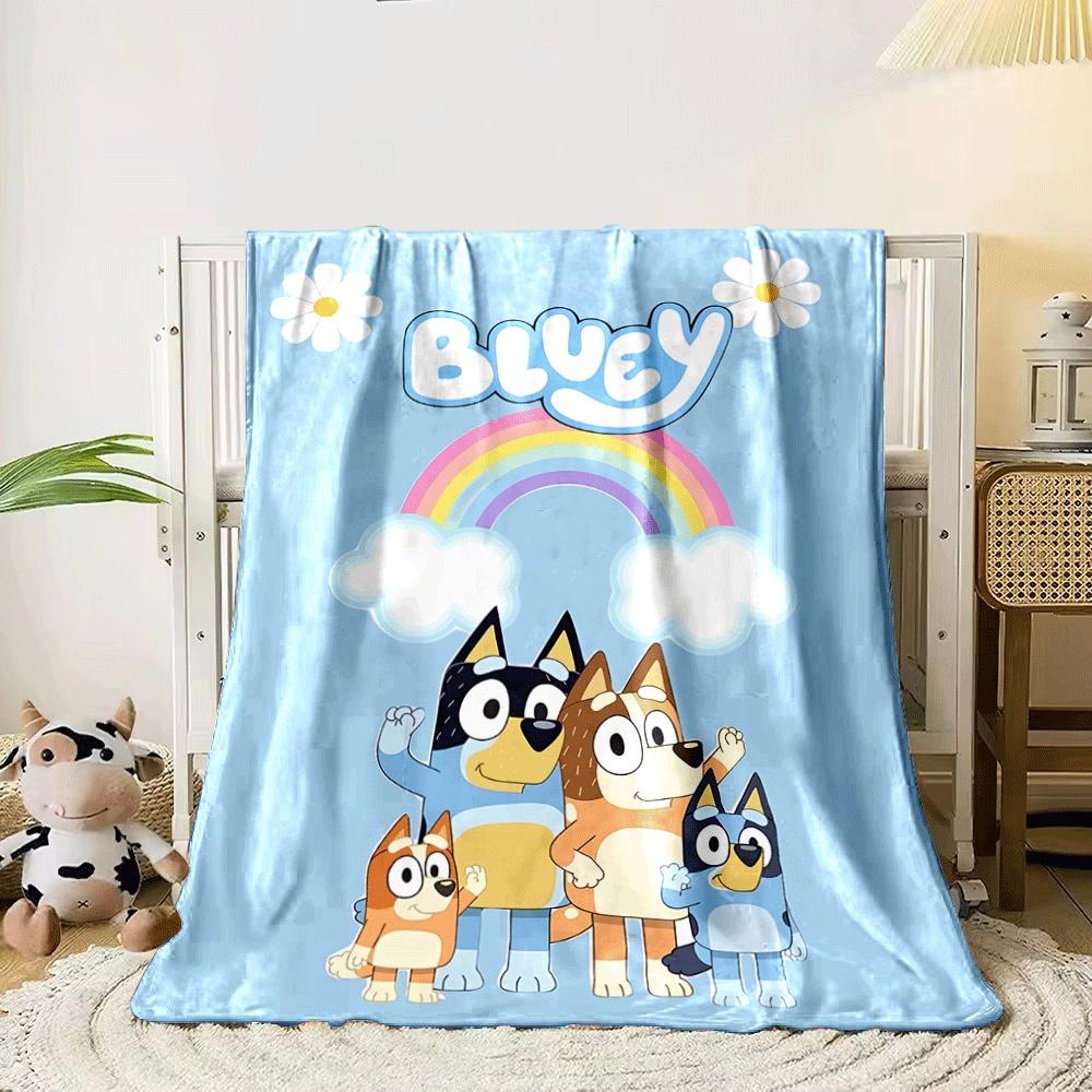 Cartoon dogs on a blue background with a rainbow, clouds, and daisies. for all seasons blanket lunch break throw gift 80cm x 120cm