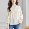 Autumn New Style Black Ears Lantern Sleeve Top Round Collar Shirt Apricot Embroidered Shirt Women Long Sleeve Lady