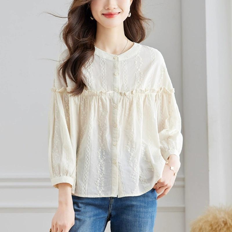 Autumn New Style Black Ears Lantern Sleeve Top Round Collar Shirt Apricot Embroidered Shirt Women Long Sleeve Lady