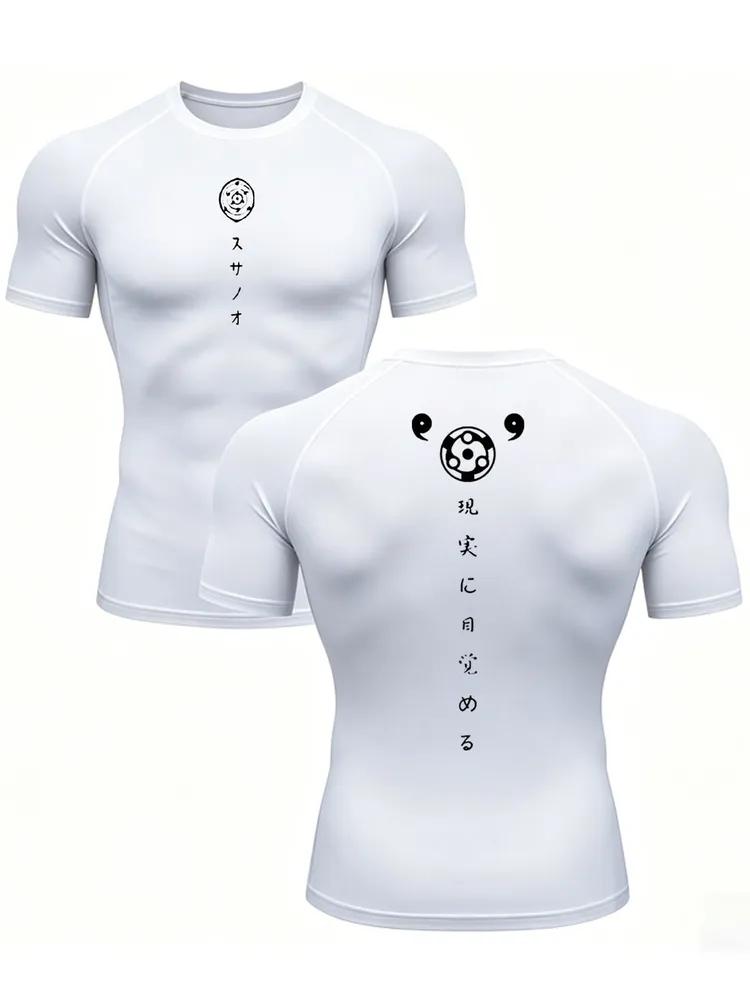 Men s Grey Anime Symbol Print Compression T-Shirt, Quick Dry Breathable Double-Sided Gym Workout Training Top S