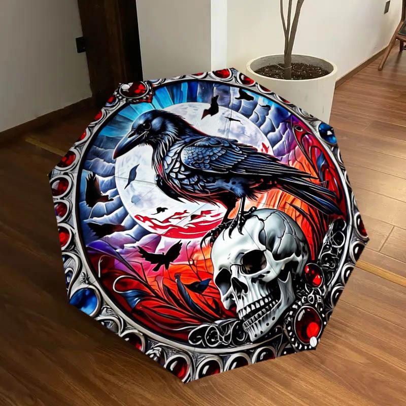 1pc Raven Moonlit Skull Artwork Umbrella with Plastic Handle,Suitable for All Seasons Home Travel Outdoor UmbrellaDD1420