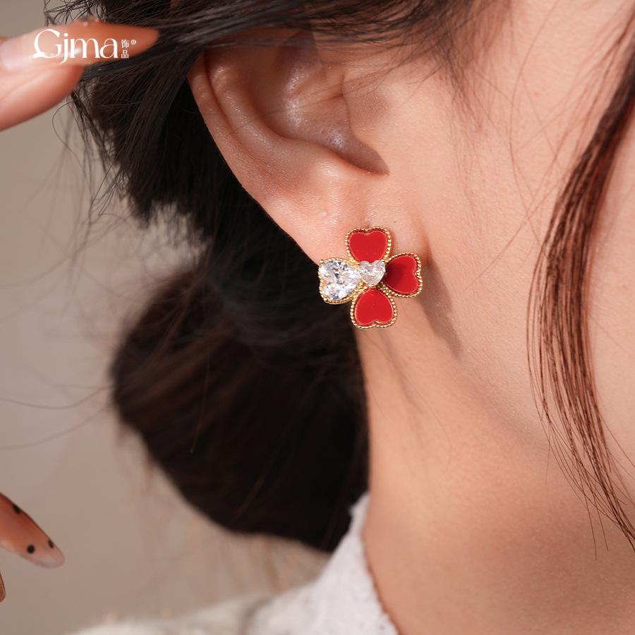 18K Zircon Red Love Flower Stud Earrings Elegant Earrings Women