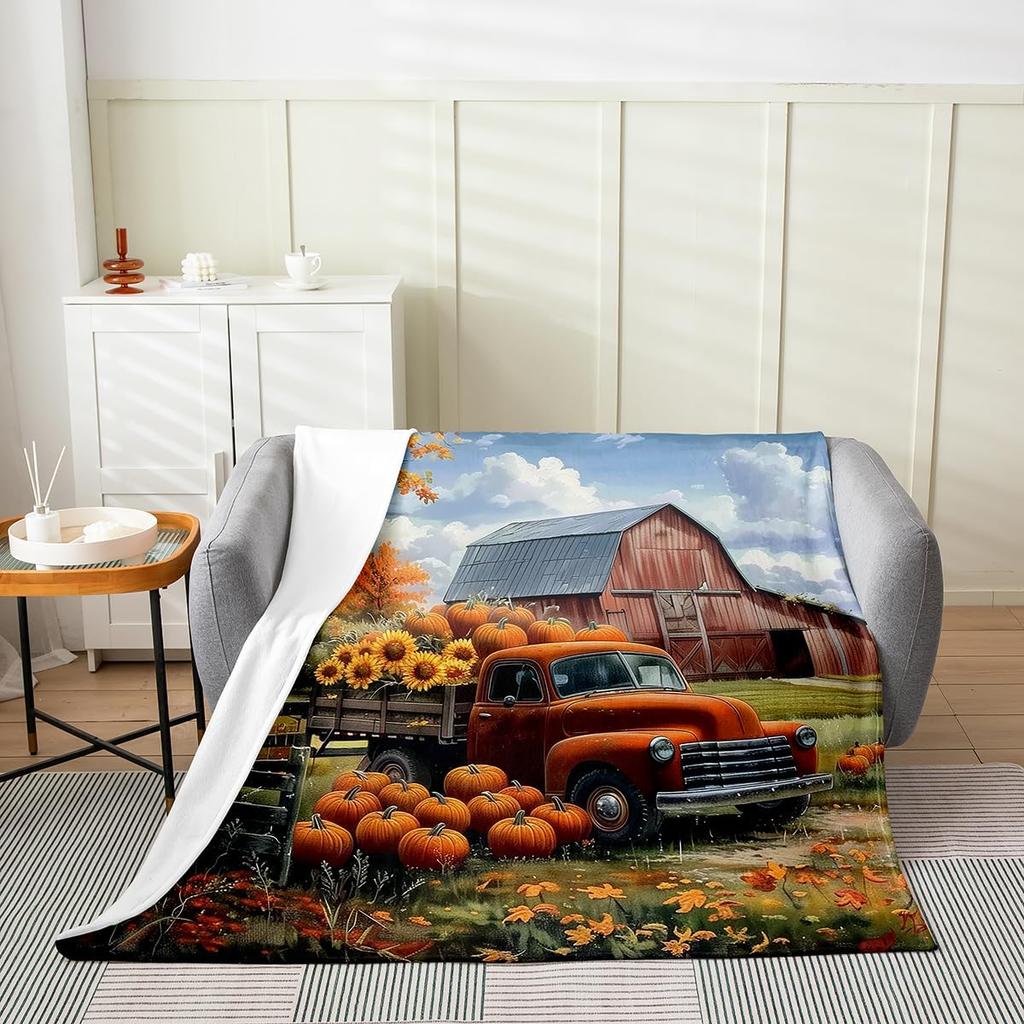 GUOYU Blanket Fall Pumpkin Harvest Fleece Flannel BlanketRustic Maple Autumn Leaves Bed Plush Blanket for Rustic Home DecorHarvest Patchwork