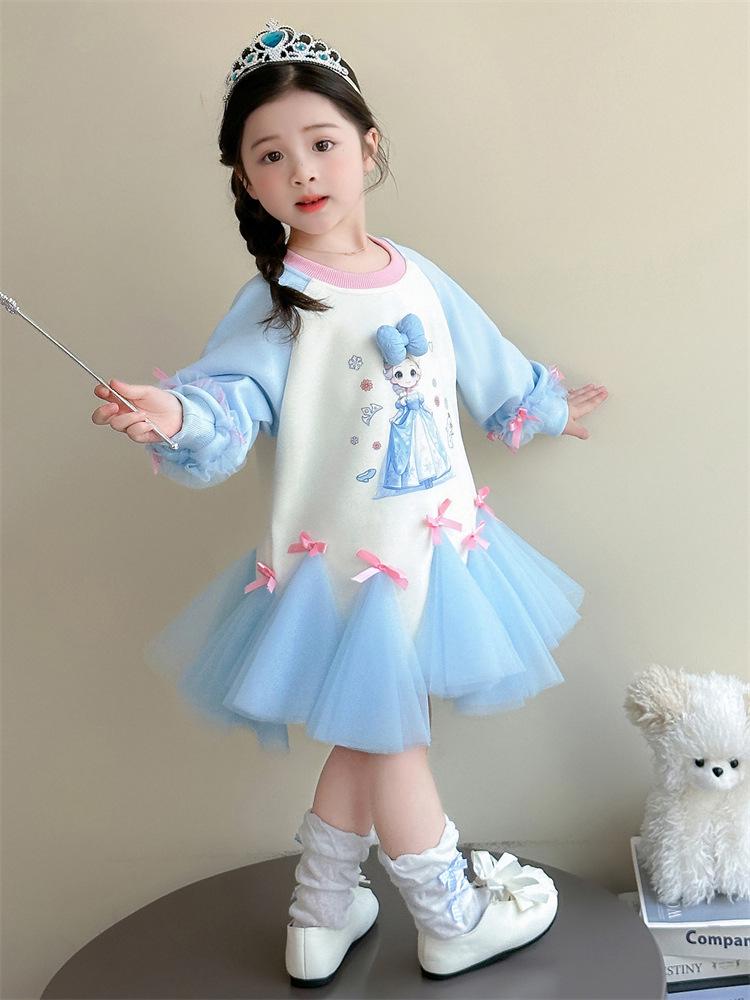 Autumn 2025 Girls' Cartoon Sweatshirt Mesh Dress with Bowknot - Sweet Baby Princess Dress
