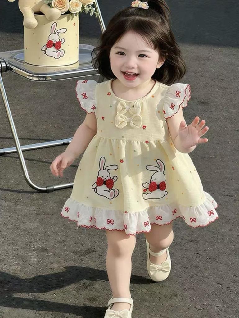 Girls Summer Cotton Dress with Bunny Print and Bow Single Layer Princess