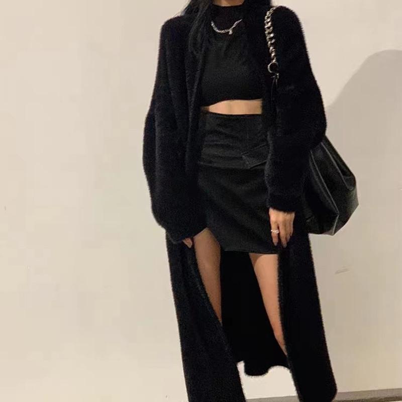 

Женский ультрадлинный кардиган из искусственной норки 2025 года, новый свободный вязаный свитер с эффектом темперамента One Size чёрный