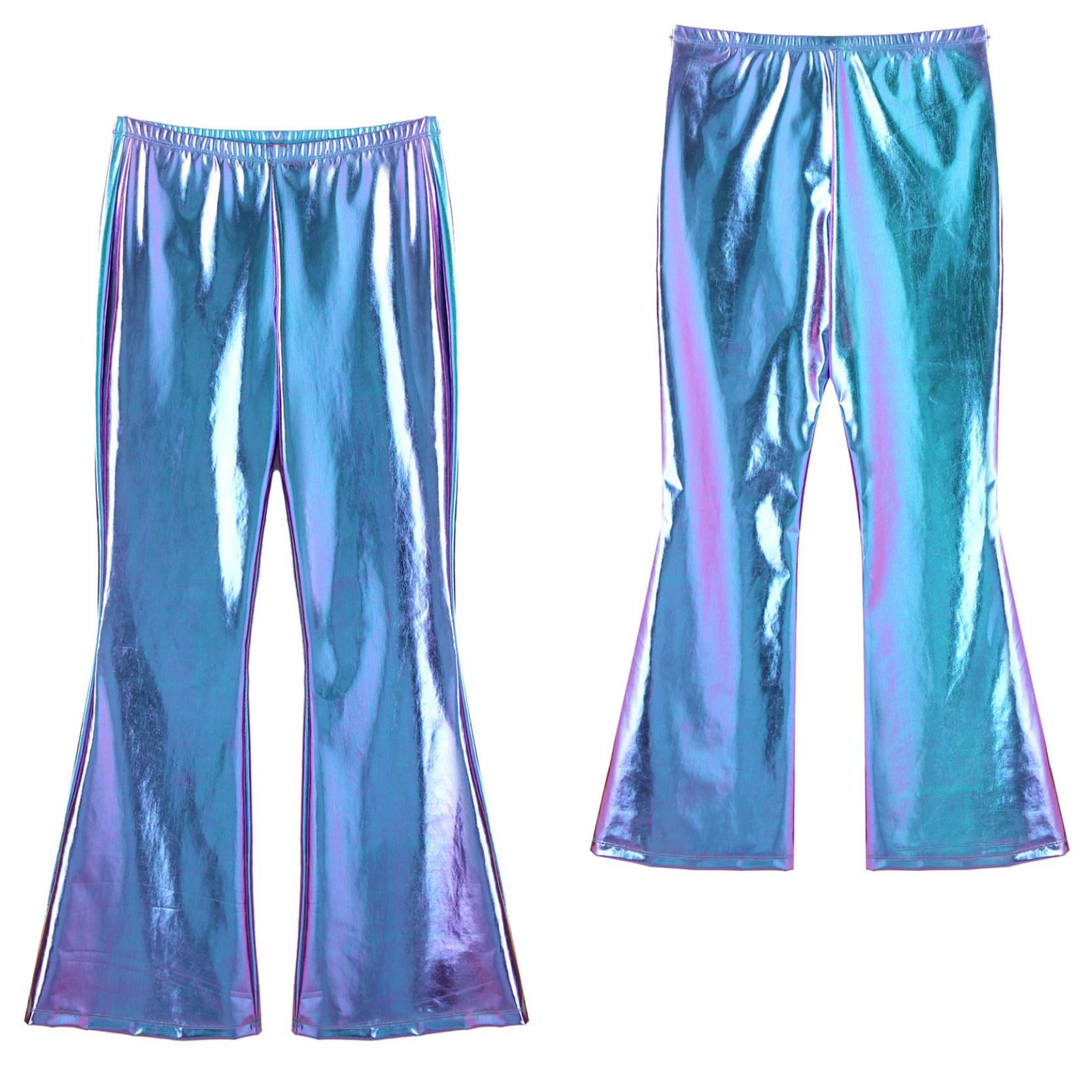 

Мужские расклешенные брюки с мокрым внешним видом, ретро-костюм 70-х годов, мужские кожаные брюки, блестящие брюки, леггинсы, танцевальная клубная одежда L синий