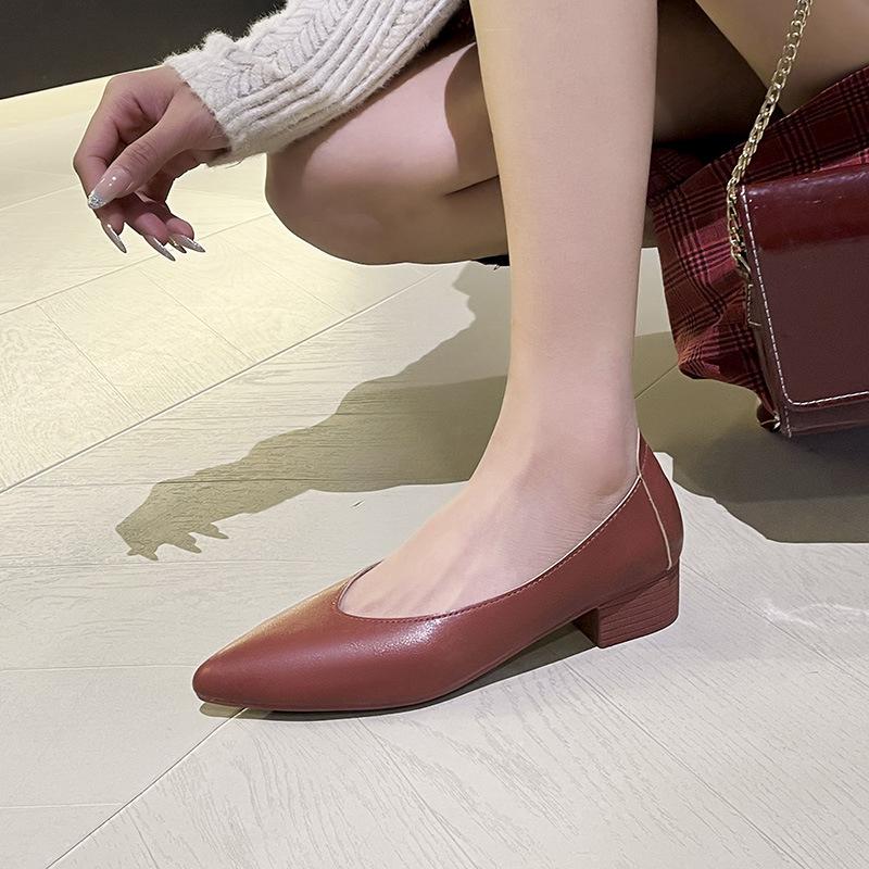 Leather grandma shoes thick heel pointed single shoes women's middle heel 2025 new spring and autumn versatile soft leather shallow mouth high heels