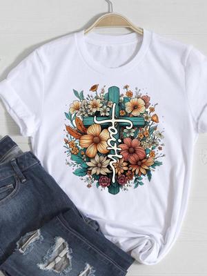(Tamanho asiático) Camiseta feminina manga curta estampa fashion roupa feminina casual flor estilo fé camiseta feminina gráfica