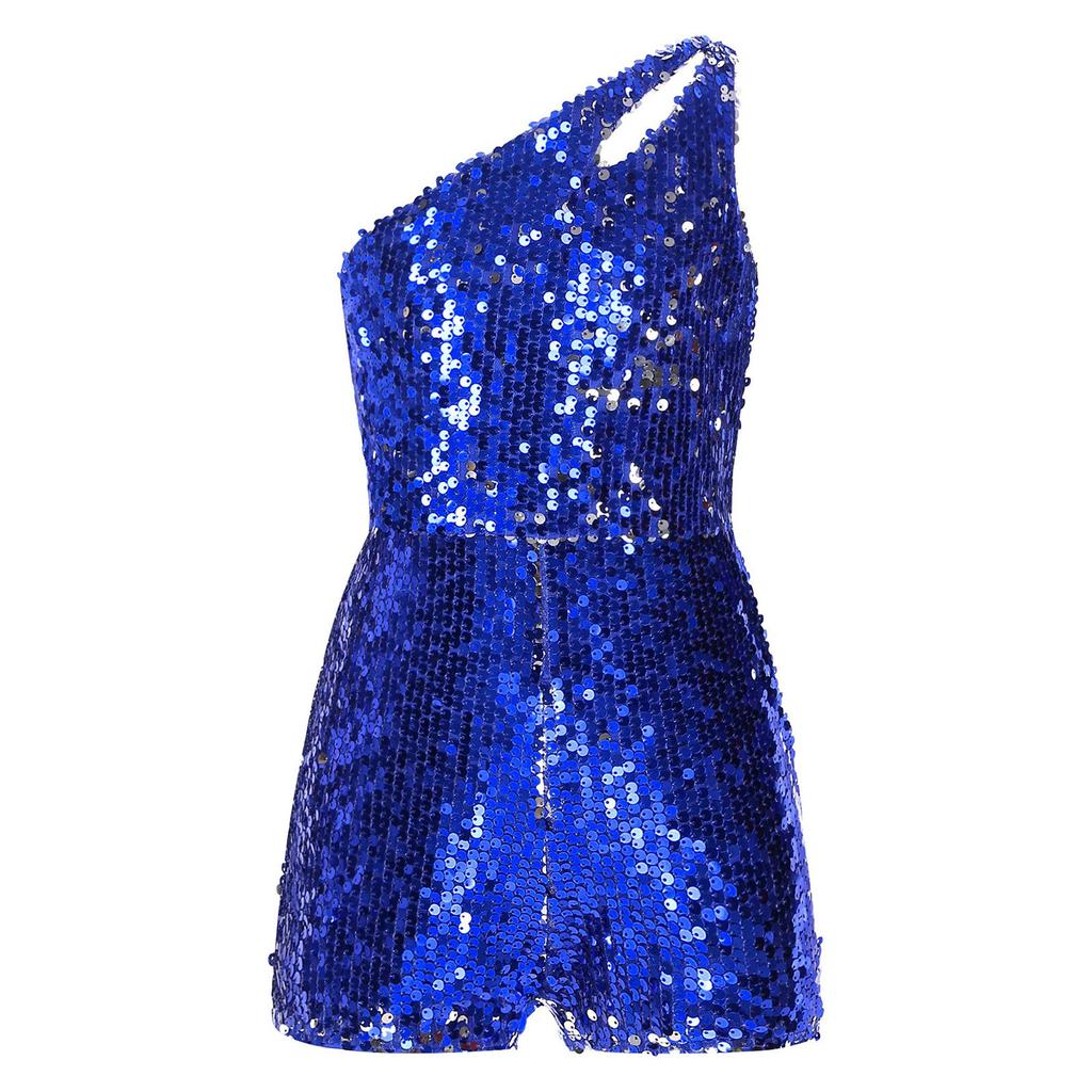 Girls Sparkling Sequin Jumpsuit One Shoulder Design Keyhole Detail Sleeveless Short Bottom Romper