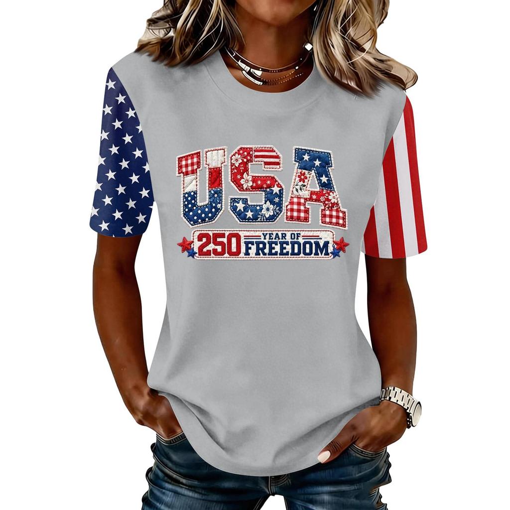 Blusa Feminina da Moda Casual de Manga Curta com Estampa e Gola Redonda