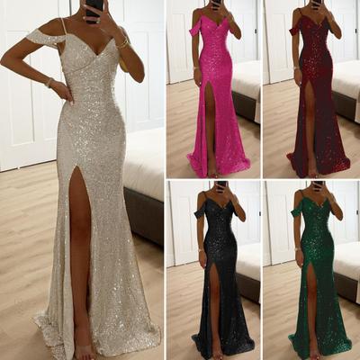 Lady Evening Dress Off Shoulder V Neck Side Slit Floor Length Sequin Ball Gown Sleeveless Slim Fit Prom Wedding Party Banquet Maxi Dress