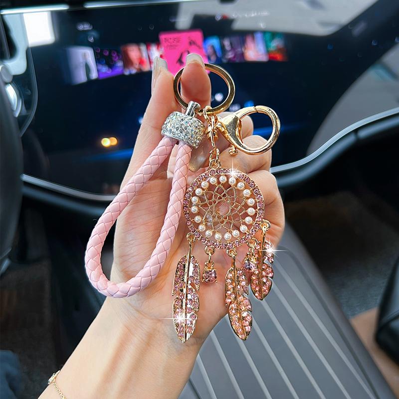 Новий підвіска-брелок для ключів автомобіля у формі ловець снів з інкрустацією стразами, креативний плетіний шнур з пір'ям, підвіска для сумки, маленький подарунок