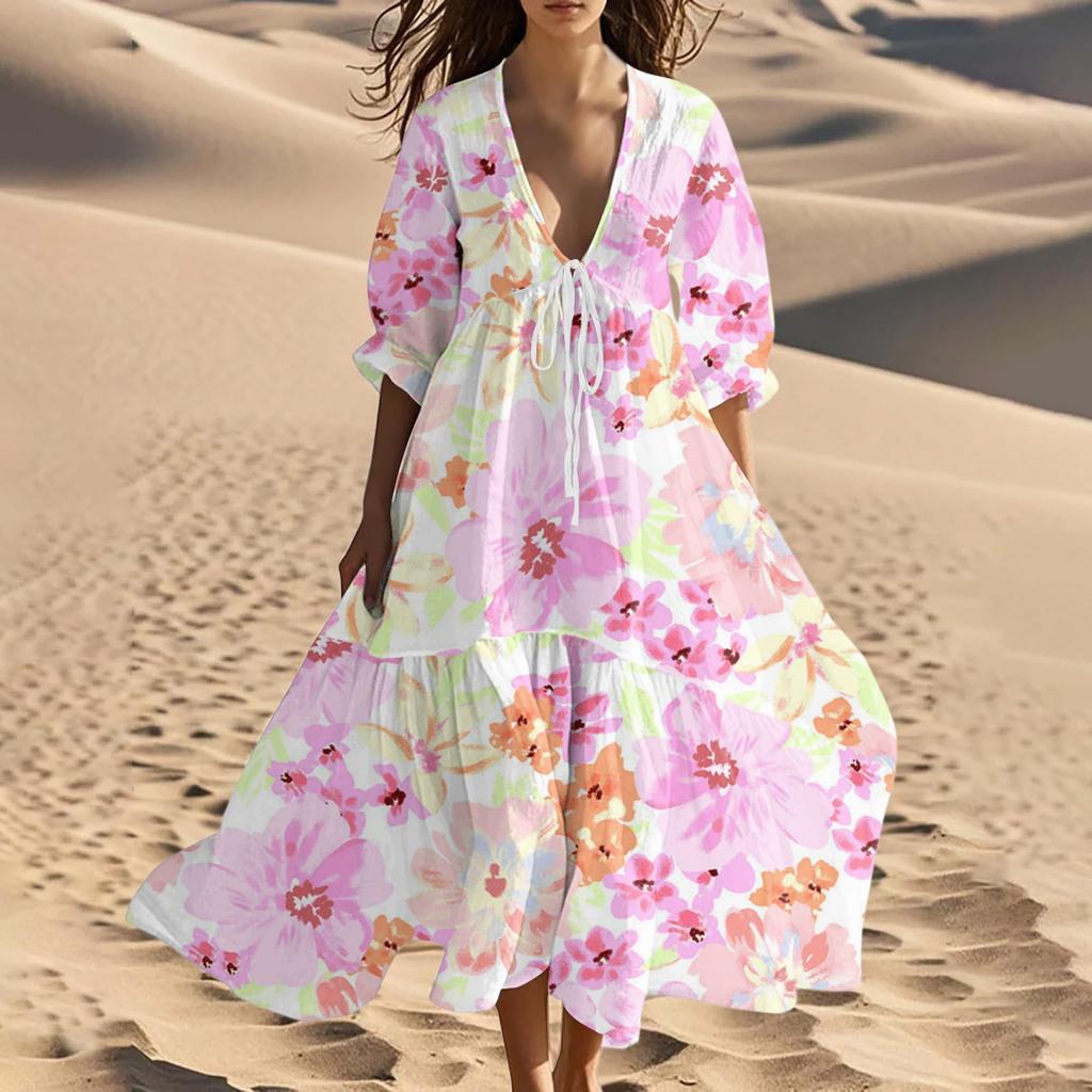Women's Summer Fashion V-Neck Beach Long Dress Vintage Floral Printed Lace-Up Splicing Dresses