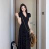 Premium Temperament V-neck Waist Long Dress New French Black Polka Dot Short-sleeved Dress Children's Summer