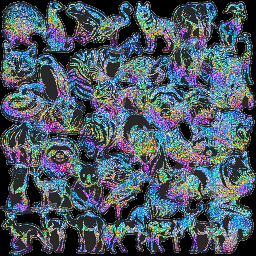 50 Silver Laser Animal PET Stickers Laser Colorful Gum Card Hand Account Material Decorative Stickers