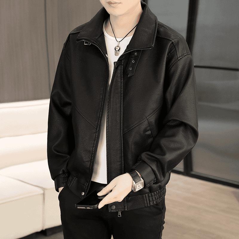 

Мужская мотоциклетная куртка в стиле ретро из кожи - модный отложной воротник, короткий стиль для весны и осени. XL (for 125-140 jin) чёрный