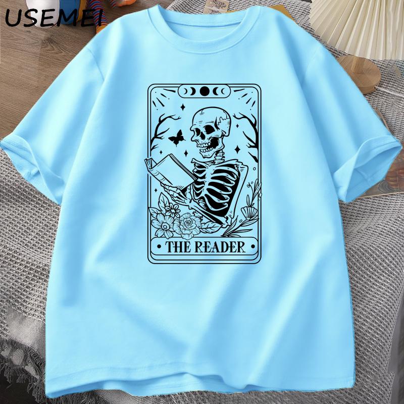 The Reader Tarot Card TShirt Skeleton Reading T Shirt Summer Cotton Book Lover Bookish Tshirt Unisex Women Unisex Oversized Tees