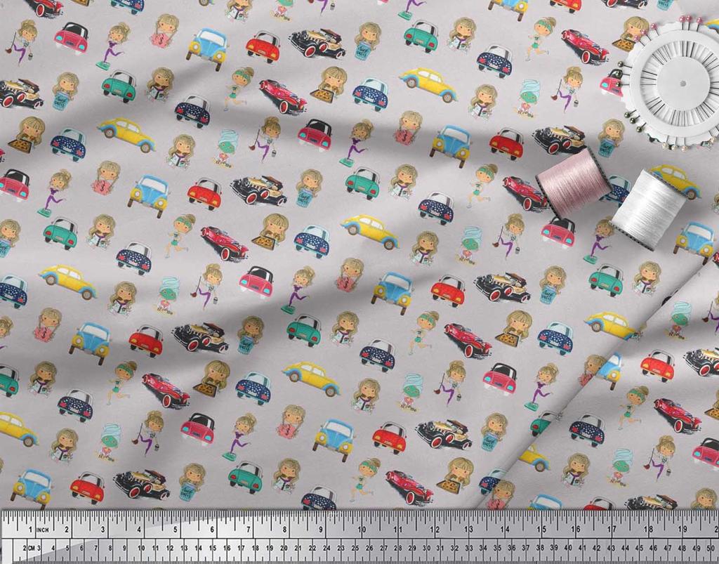 Soimoi Japan Crepe Satin Fabric Cartoon Girl & Car Transport Print Fabric by the Metre 42 Inch