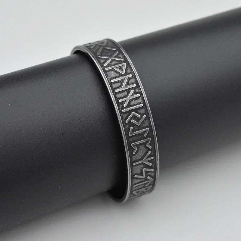 Viking Totem Letters Cuff Bracelet Norse Mythology Antique Black Stainless Steel Bangle Jewelry for Men