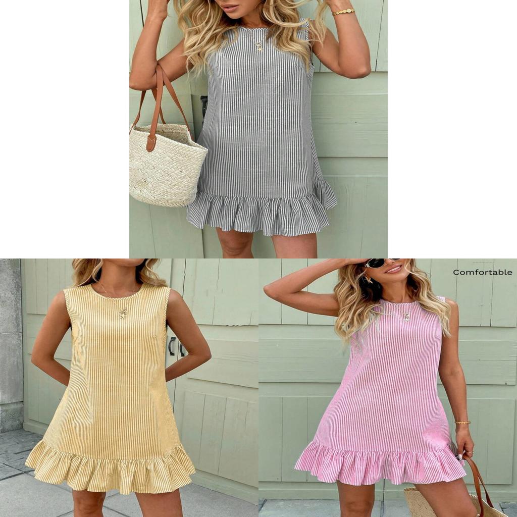 Summer Sleeveless Ruffle Hem Casual Dress With Piping For Travel And Date Night