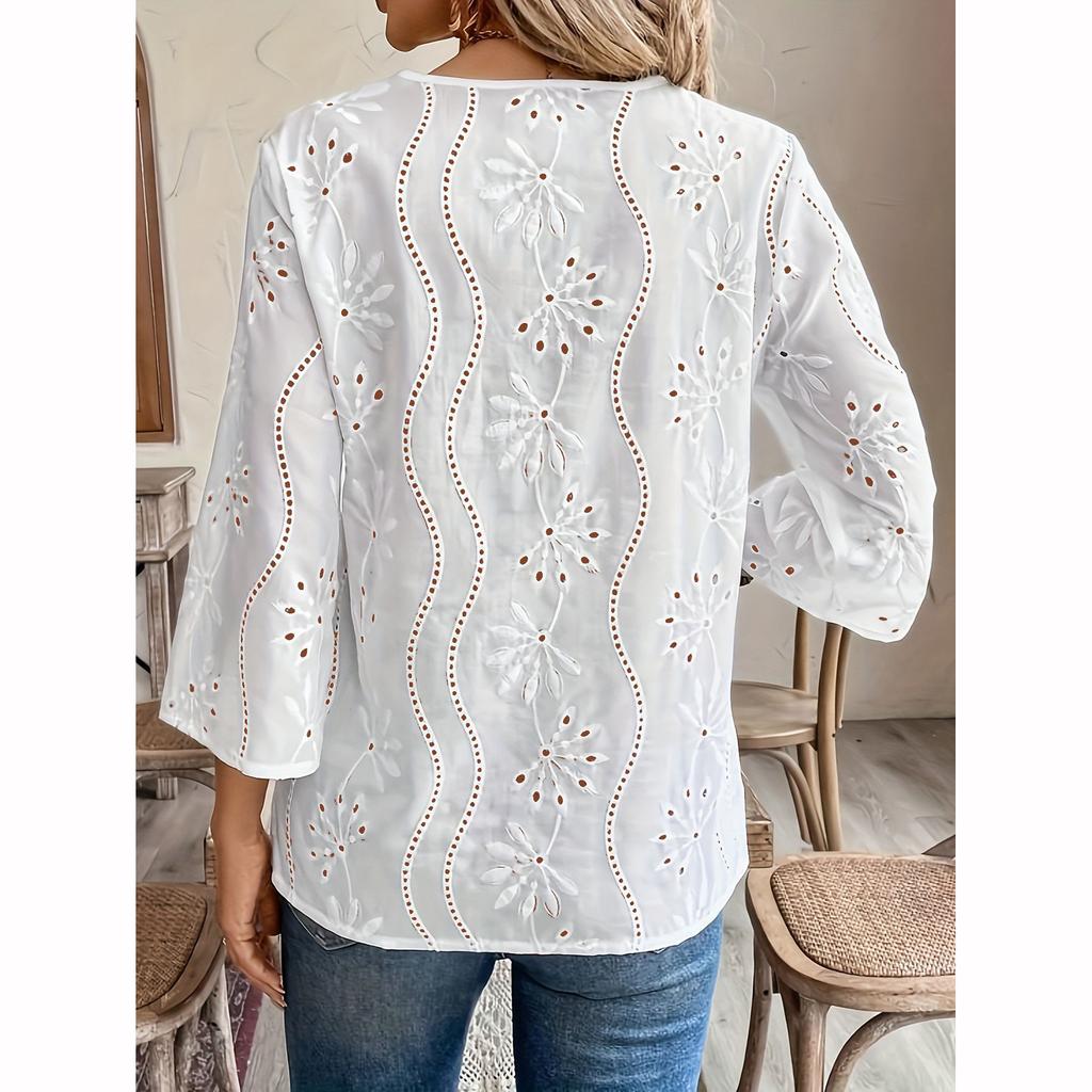 Autumn Loose V Neck Style Commuter Embroidered Horn Sleeve Lace Shirt