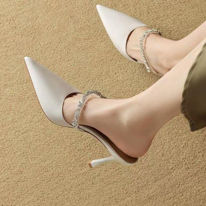 French High-end Rhinestone Bag Head Half Slippers Women's Summer 2025 New Outer Wear One-word with Pointed High Heels